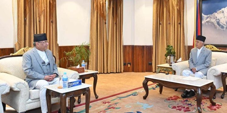 भारत भ्रमणबारे राष्ट्रपतिलाई जानकारी गराउदैं प्रधानमन्त्री