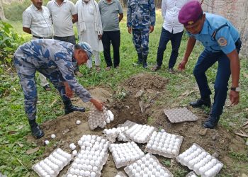 सशस्त्र प्रहरी बलले मुख्यमन्त्री सिँहको निर्देशनमा सेतो अण्डा नष्ट गर्दै